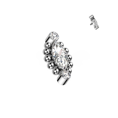 Top Centro de Circonita Marquise con Borde de Esferas y 2 Circonitas en Bisel de Titanio Grado Implante con Rosca Interna