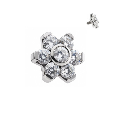 Implant Grade Titanium Internally Threaded CZ Flower Top With Bezel Set Center and Prong Set Petals