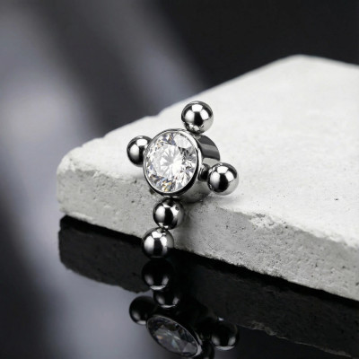 Bijou Supérieur Zirconia Ronde Sertie et Croix de Sphères en Titane Qualité Implant avec Filetage Interne