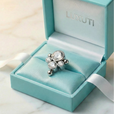 Bijou Supérieur Centre et 3 Zirconias Rondes Serties et Bordure de Sphères en Titane Qualité Implant avec Filetage Interne
