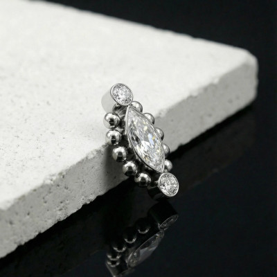 Pavé de Circonite Marquise avec Bordure de Billes et 2 Circonites Biseautées en Titane de Qualité Implant avec Filetage Interne