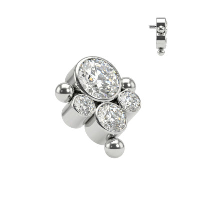 Bijou Supérieur Centre et 3 Zirconias Rondes Serties et Bordure de Sphères en Titane Qualité Implant avec Filetage Interne
