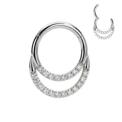 Anneau avec double rangée de pavé de zircons à l'avant et charnière en titane de qualité implant