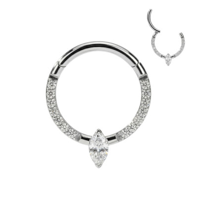 Anneau avec charnière en titane de qualité implant et marquise centrale avec pavé latéral de zircons