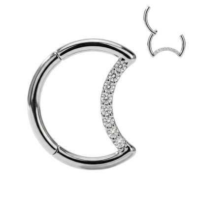 Argola em Formato de Lua Crescente com Pavê de Zircônias e Dobradiça de Titânio Grau Implante