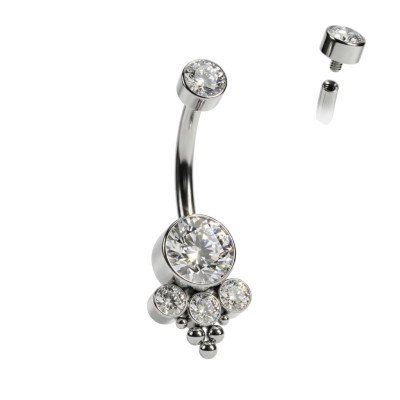 Bijou pour nombril en titane avec zirconia en sertissage à filetage interne et ensemble de 3 zirconias en sertissage avec boules